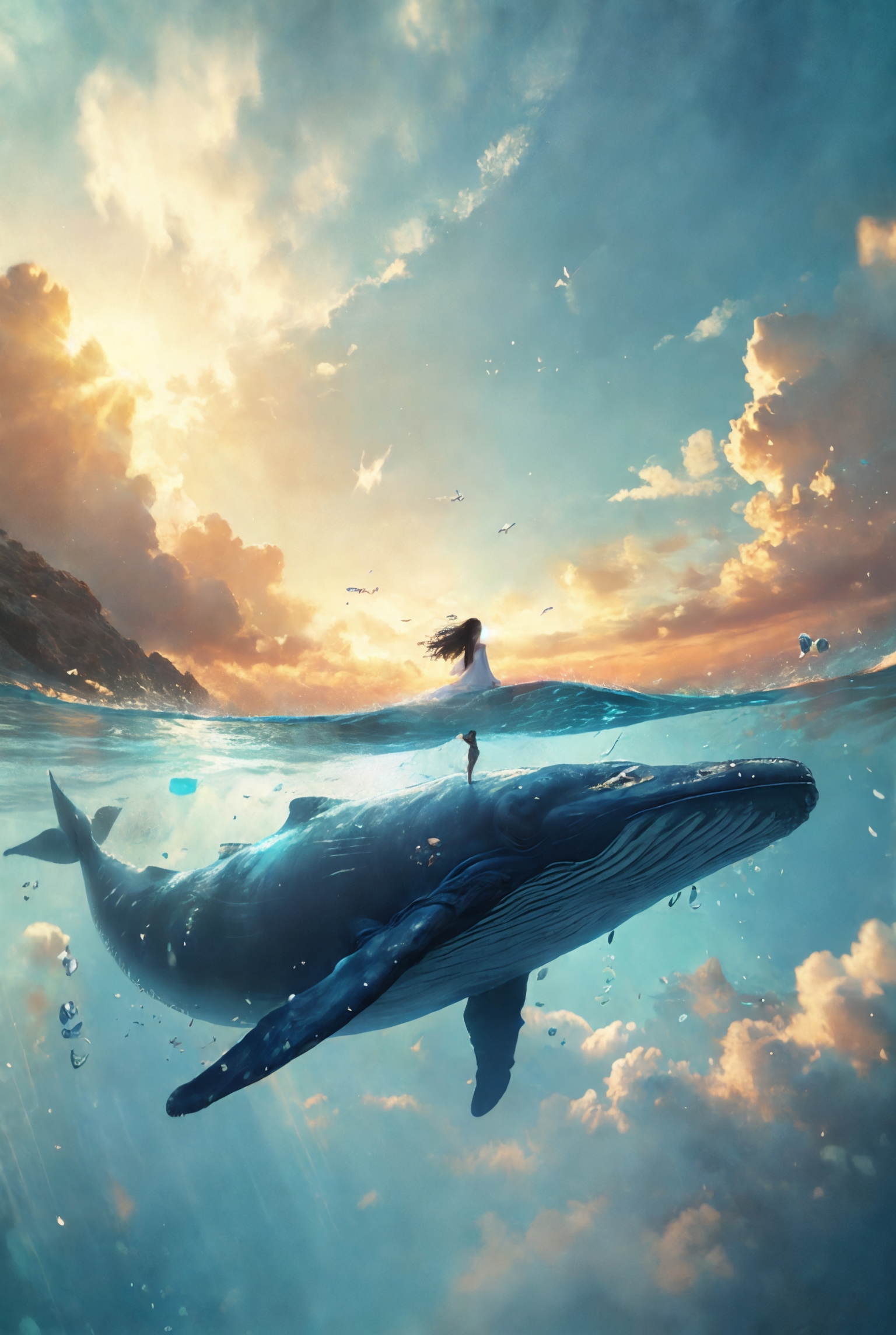 606247209521970406-1468409547-xuer Big whale, 1girl, dress, underwater, long hair, white dress, barefoot, freediving, solo, whale, air bubble, black hair, sle.jpg